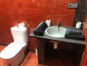 Shower, towels, toilet paper