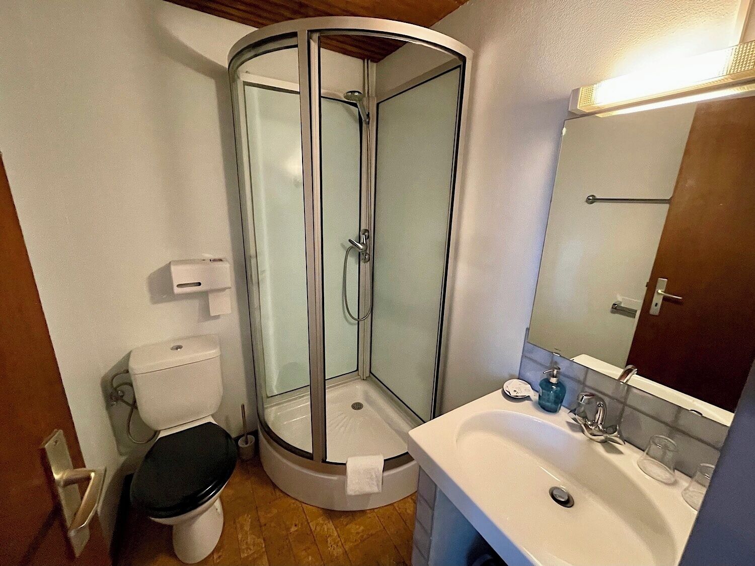 Une salle de bain avec une douche à parois de verre, des toilettes et un lavabo avec un miroir.