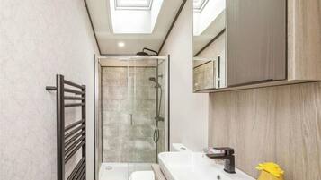 Shower, hair dryer, towels
