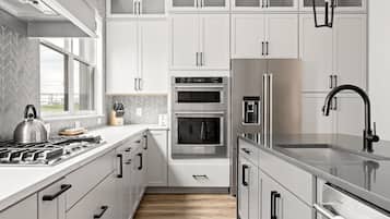 Fridge, microwave, oven, stovetop