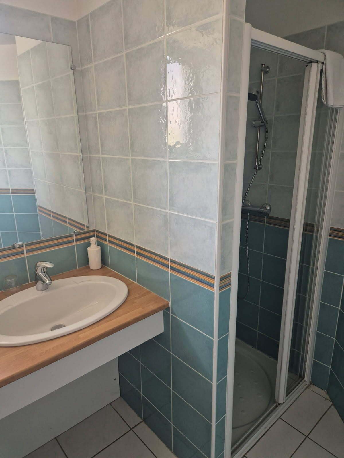 A bathroom with a sink, mirror, and shower.