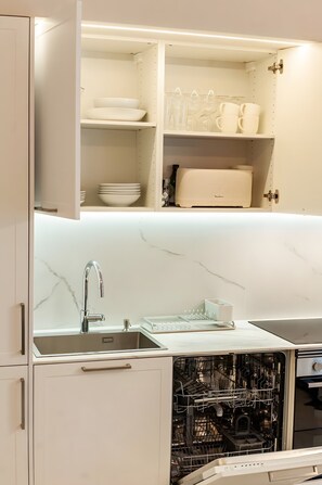 Fridge, microwave, oven, dishwasher