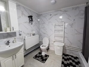 Shower, hair dryer, towels, toilet paper