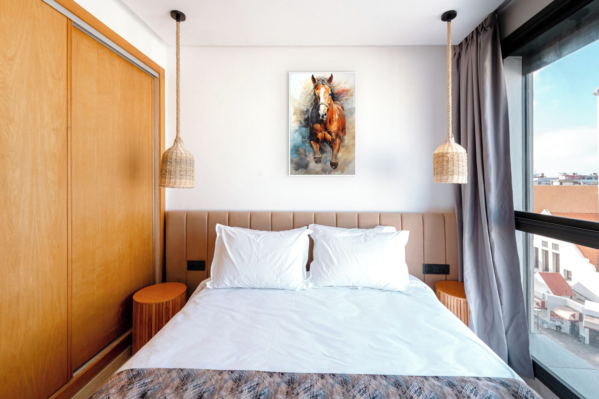 Habitación de hotel con una cama grande, dos mesitas de noche, un cabecero, un cuadro de un caballo y vistas a edificios a través de una ventana.