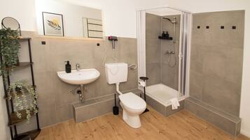 Shower, hair dryer, soap, shampoo