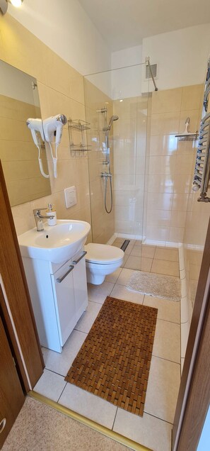 Shower, eco-friendly toiletries, hair dryer, towels