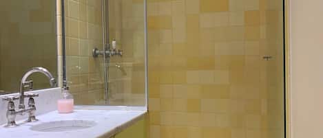 Hair dryer, towels, soap, toilet paper
