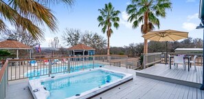 Ein Pool mit Whirlpool, umgeben von einer Holzterrasse und Palmen.