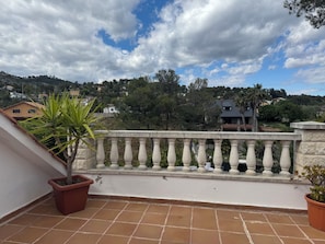 Una terrazza con ringhiera, piante in vaso e vista su case e alberi.