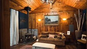 A cozy room with wooden walls, a fireplace, a sofa with patterned cushions, and a rug. - Charming Cabin on horse farm minutes from Letchworth State park (Nunda)