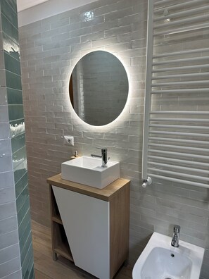 Shower, hair dryer, bidet, towels