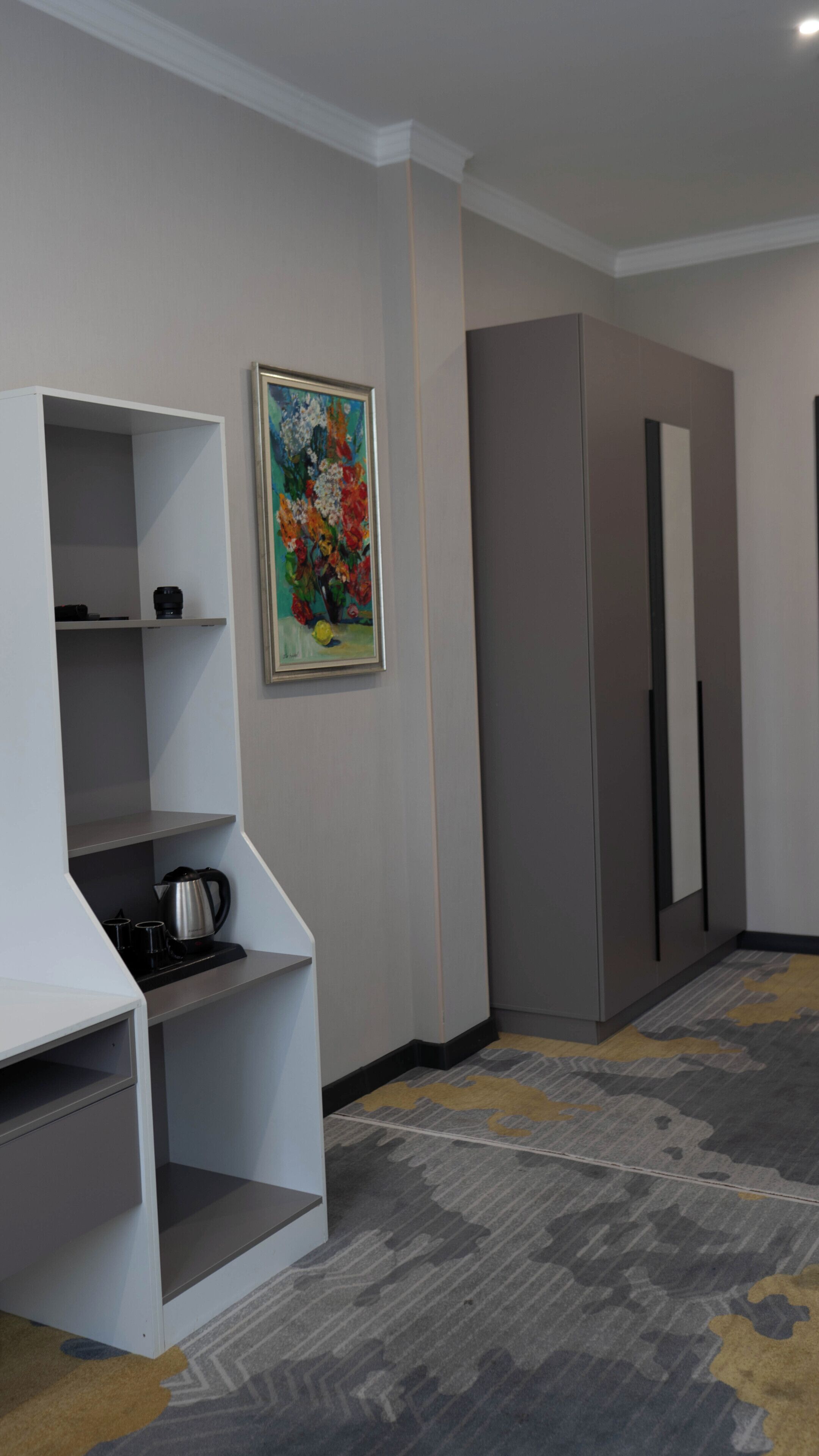Une chambre moderne avec une étagère intégrée blanche, un tableau, une armoire grise et un tapis à motifs.