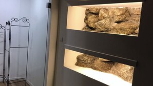 A room with a glass partition, a metal rack, and two illuminated display cases with rock specimens. - Casa da Real Companhia (Lamego)