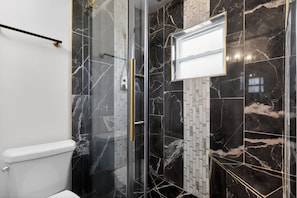 Une salle de bain moderne avec une douche à parois de verre, des toilettes et un miroir.