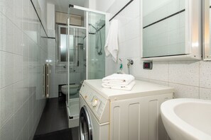 Shower, hair dryer, bidet, towels