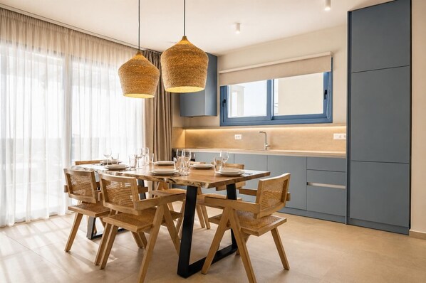 A modern kitchen with a dining area, featuring a wooden table and chairs, a built-in oven, and a window with curtains.