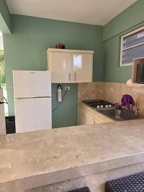 Fridge, microwave, stovetop, coffee/tea maker