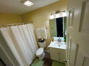 Hair dryer, towels, soap, toilet paper