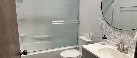 Hair dryer, towels, soap, toilet paper
