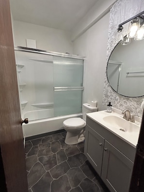 Hair dryer, towels, soap, toilet paper