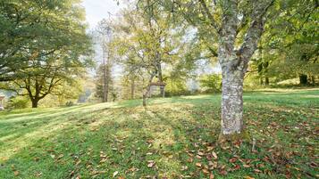 A park with trees, grass, and a wooden structure.