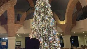 A large, decorated Christmas tree in a spacious lobby with high arched ceilings and a polished floor.