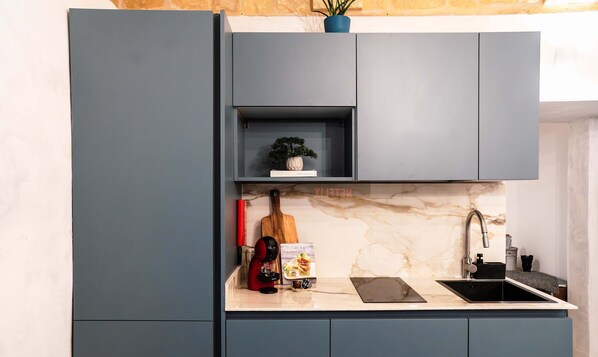 Fridge, microwave, stovetop, toaster