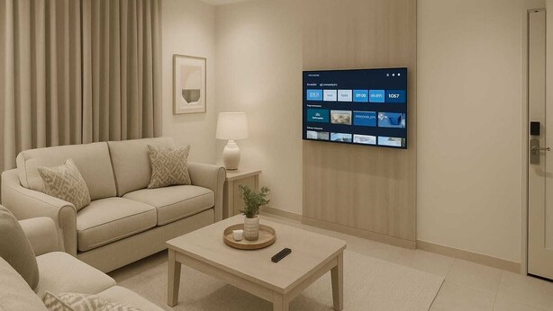 A modern living room with a sofa, coffee table, lamp, and a mounted TV displaying a digital interface. - Rama Dubai Serviced Apartments 4 (Riyadh)