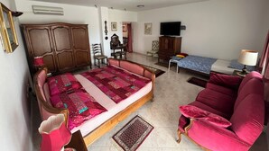 Una camera da letto con un letto, una poltrona, un divano, una TV e un armadio.
