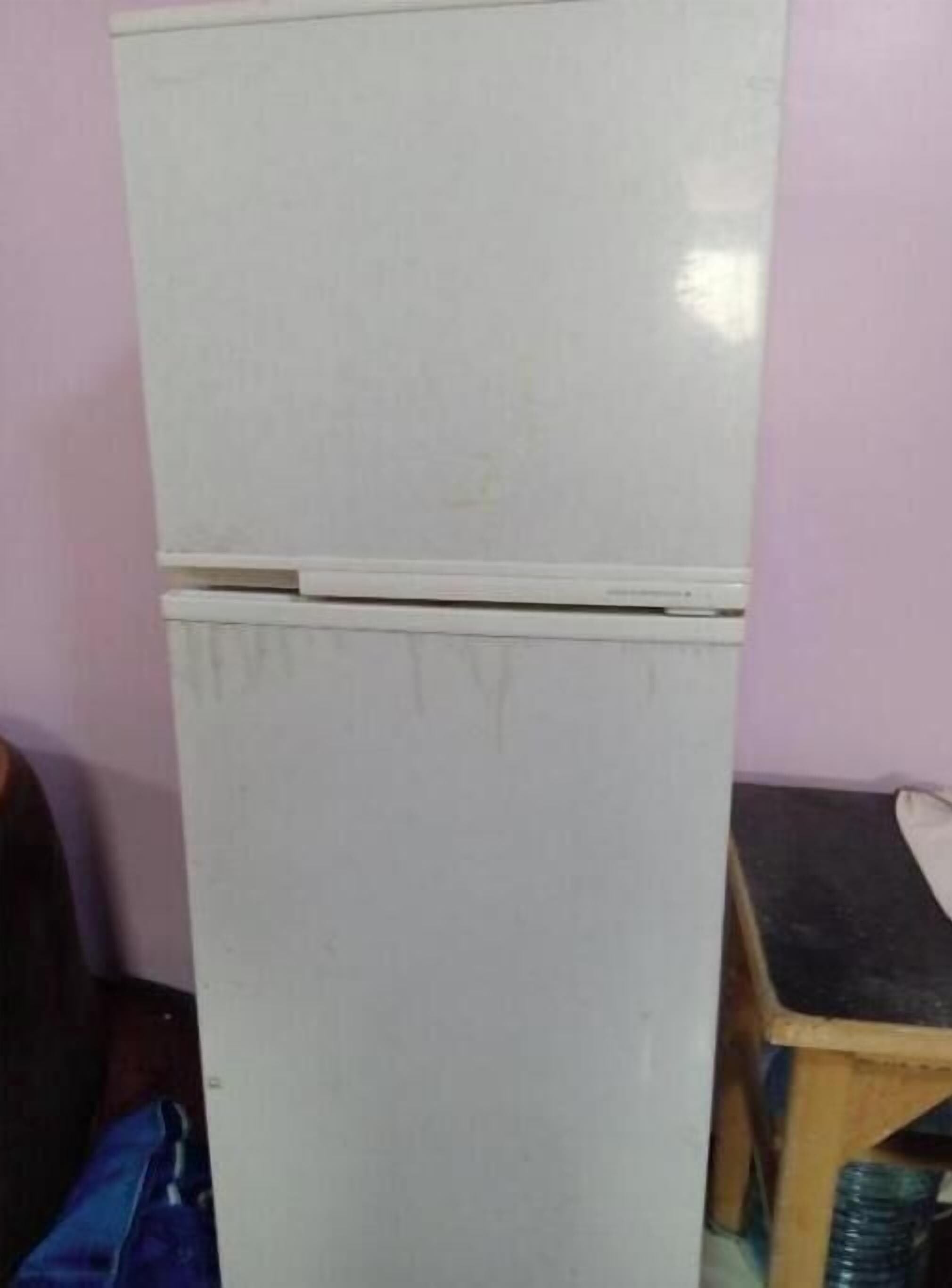 Ein weißer Kühlschrank in einem Raum mit lila Wand.