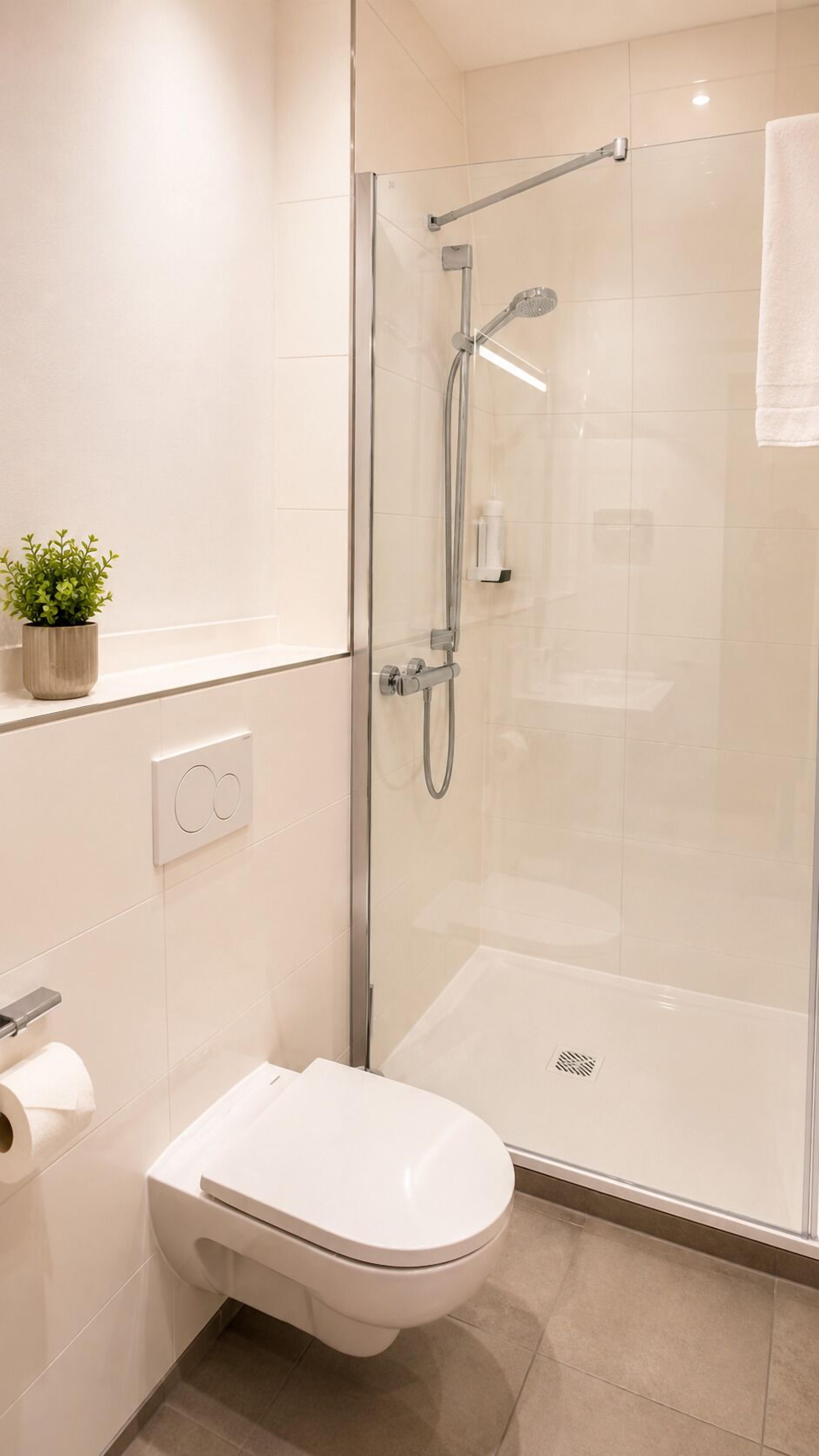 A modern bathroom with a glass-enclosed shower, a toilet, and a small potted plant on the counter.