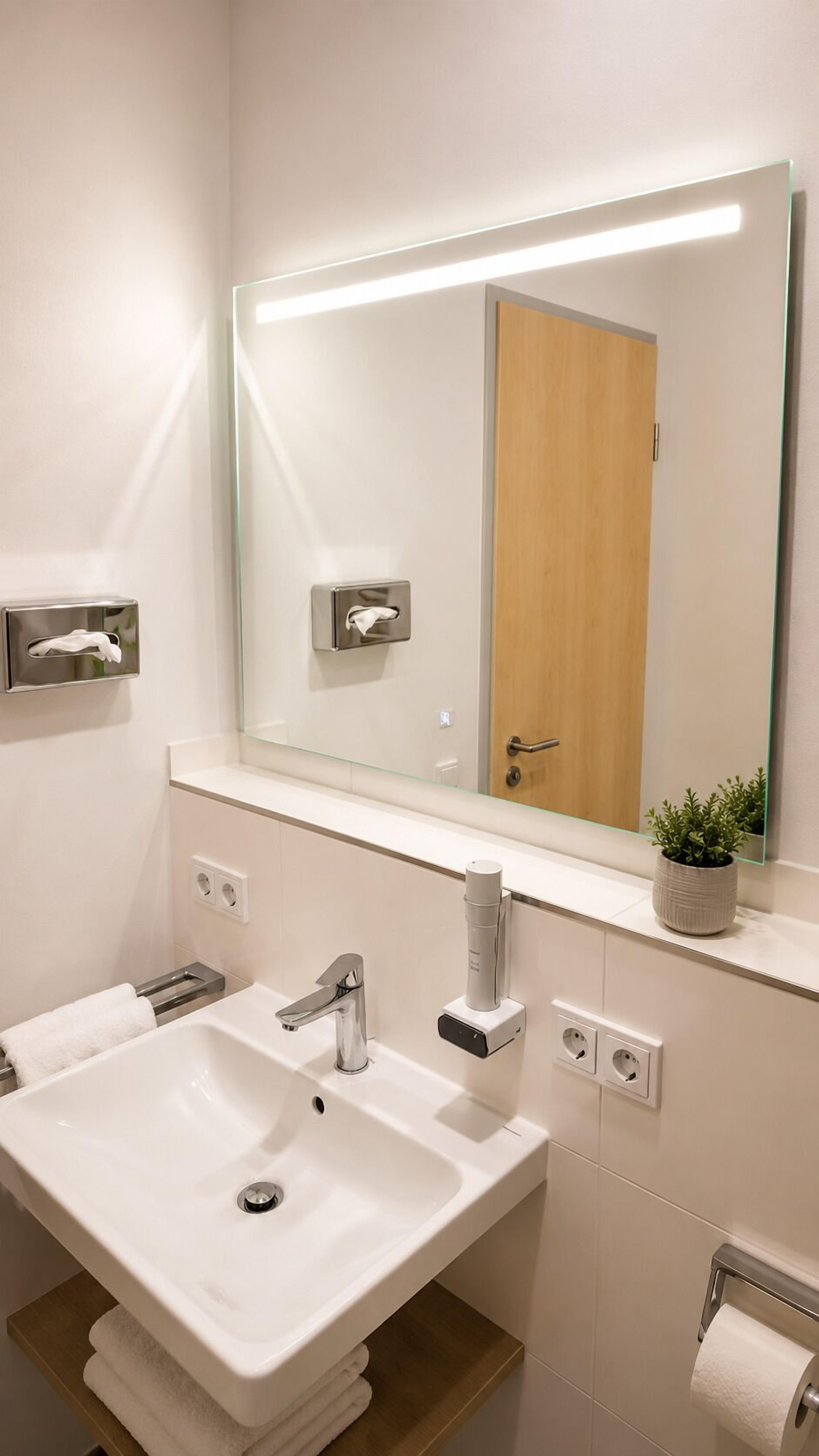 A modern bathroom with a large mirror, two sinks, a towel rack, and a small potted plant.