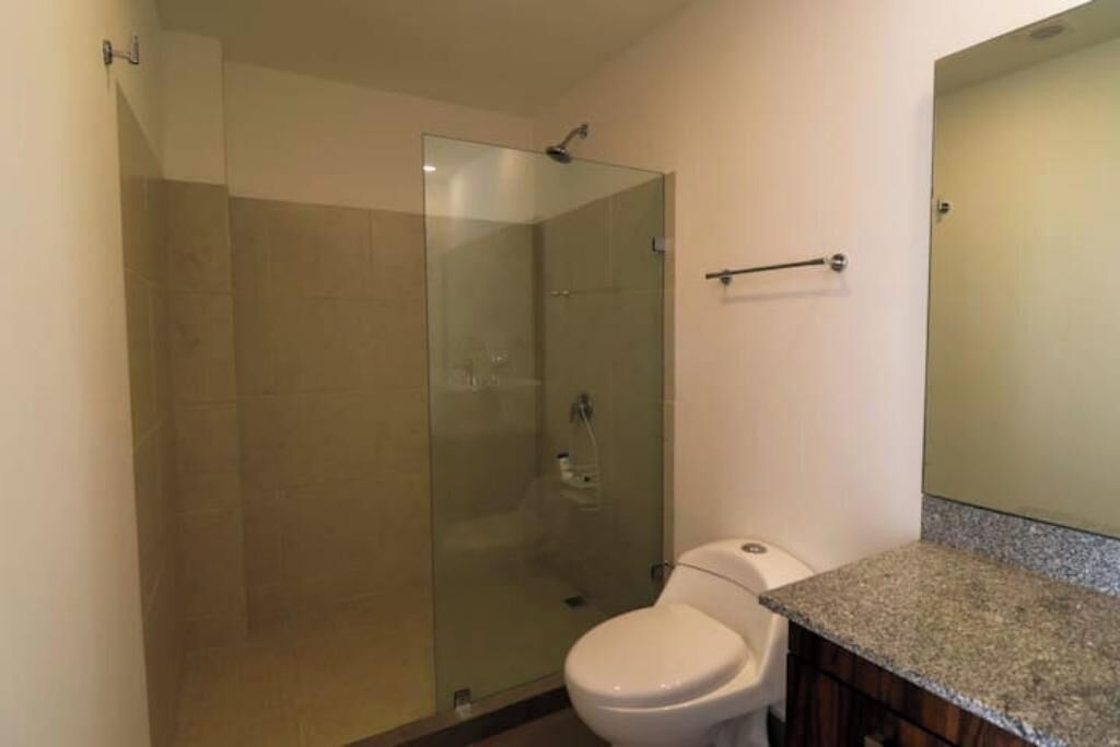 Een badkamer met een glazen douchecabine, een wit toilet en een granieten aanrechtblad.