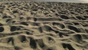 Een zandstrand met duidelijke voetafdrukken die naar het water leiden.