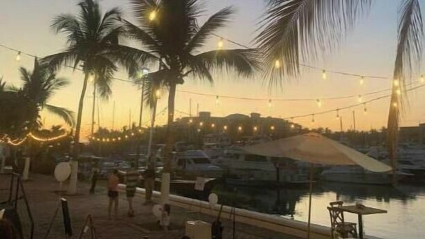Een buitenterras met lichtjes, palmbomen en uitzicht op boten op het water.