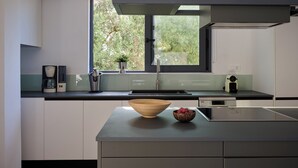 A modern kitchen with a large window, a bowl, and a coffee maker.