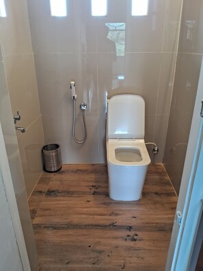 Shower, towels, soap, toilet paper