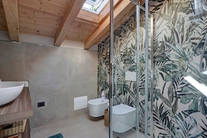 Shower, hair dryer, towels