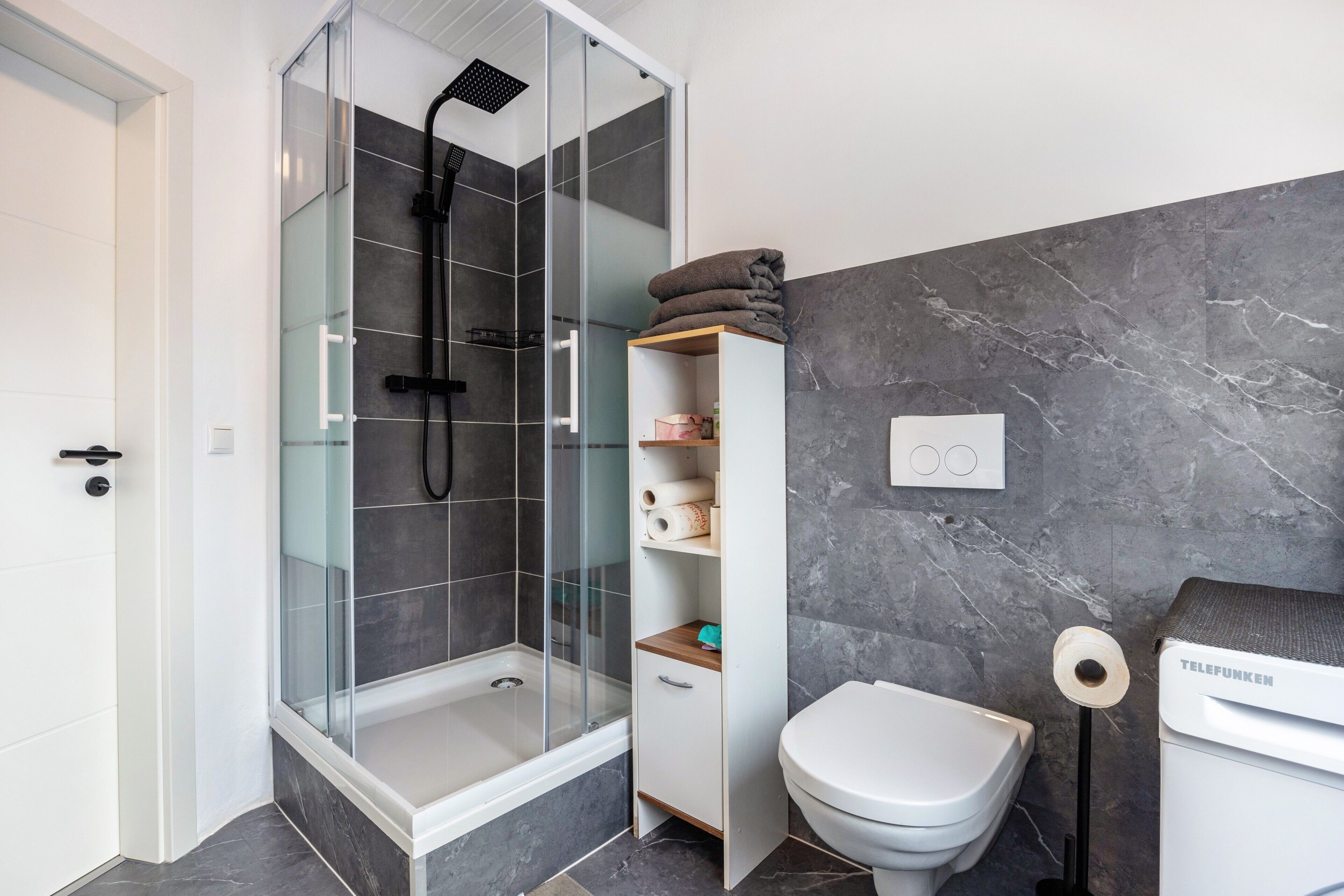 Shower, hair dryer, towels