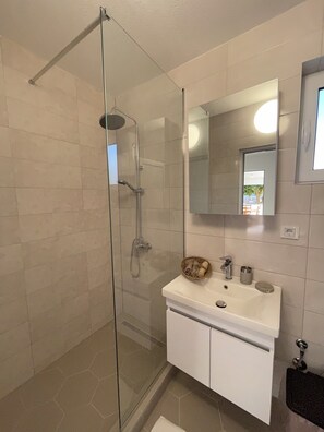 Hair dryer, bidet, towels, soap