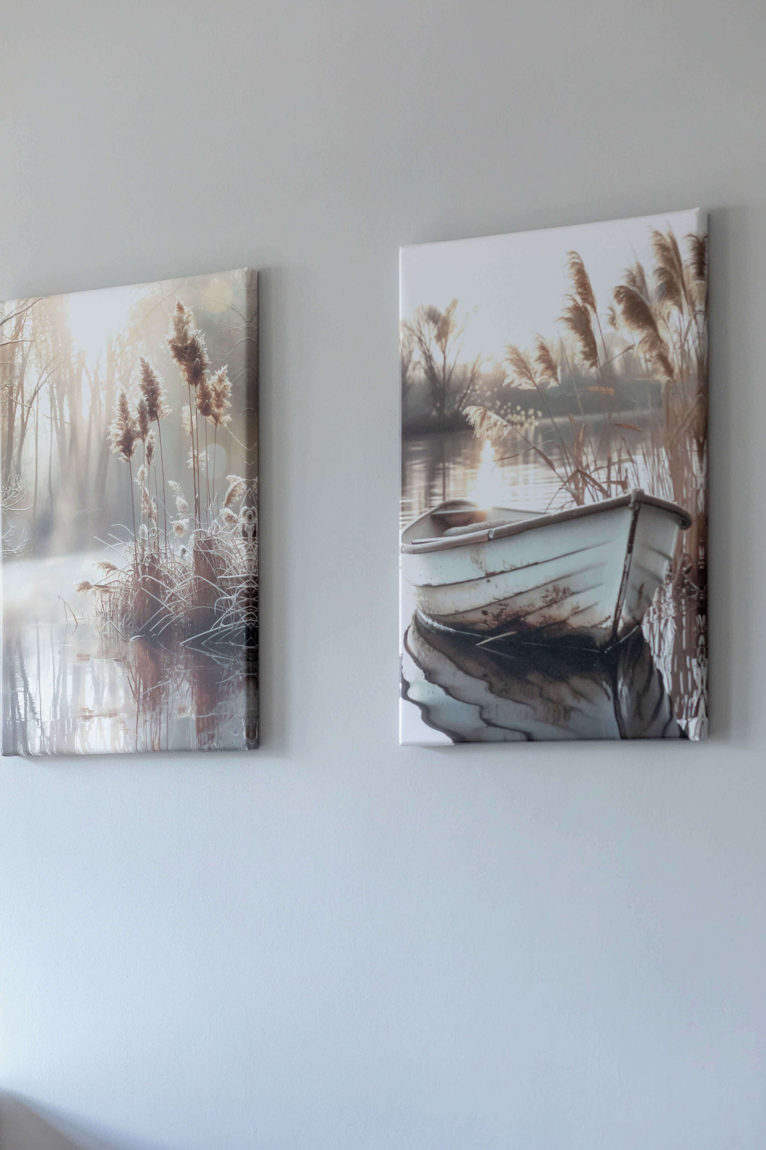 Two paintings of a serene lakeside scene with reeds and a rowboat.