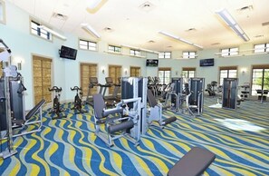 Une salle de sport spacieuse, dotée de divers appareils d’exercice, de grandes fenêtres et d’un tapis à motifs.