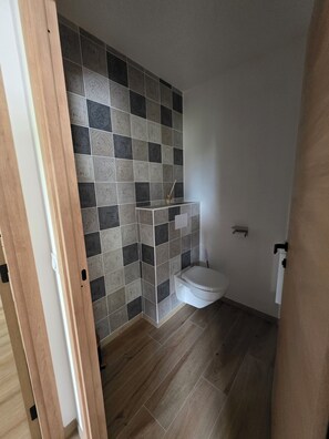 Shower, hair dryer, towels, toilet paper