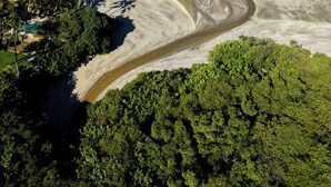 An aerial view of a coastal area with a winding river, sandy beach, and dense green forest. - Pousada Divino Milagre (Passo de Camaragibe)