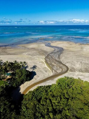 Eine Vogelperspektive zeigt einen Strand mit einem sich schlängelnden Fluss, dichtem Grün und blauem Himmel.