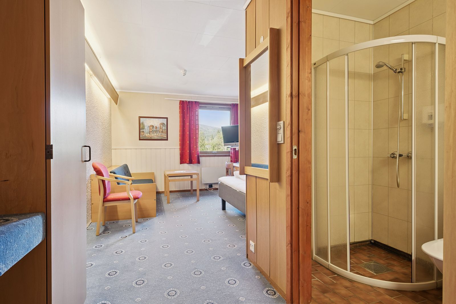 A hotel room with a shower, a bed, a desk, and a chair.
