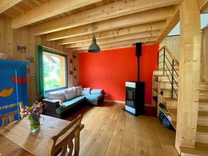 TV connectée, cheminée, livres