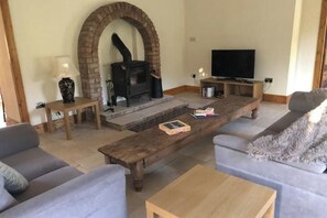 Smart TV, fireplace, DVD player, books