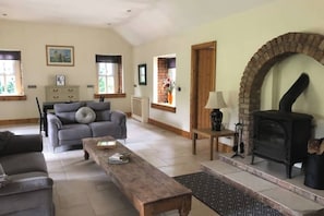 Smart TV, fireplace, DVD player, books