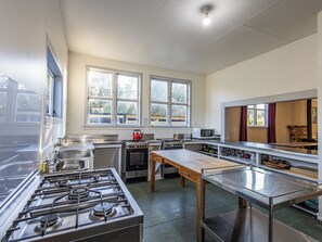 Fridge, microwave, toaster, cookware/dishes/utensils